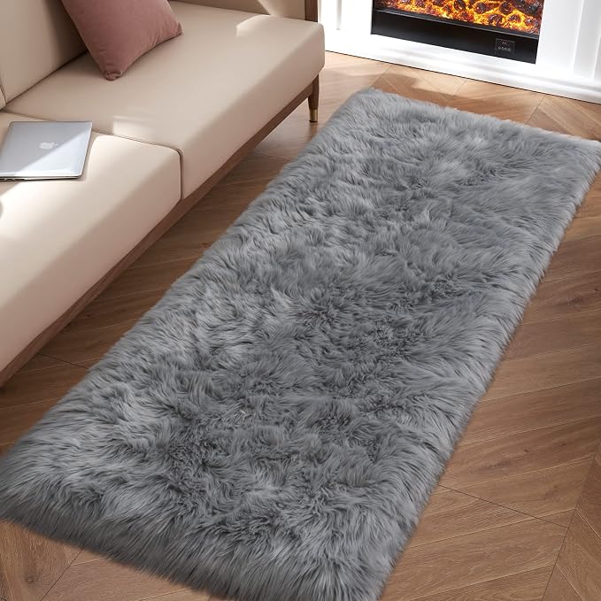 Grey Fluffy Rug for Bedroom, Cozy Shaggy Fuzzy Plush Floor Carpet for Nursery by Tangsoo