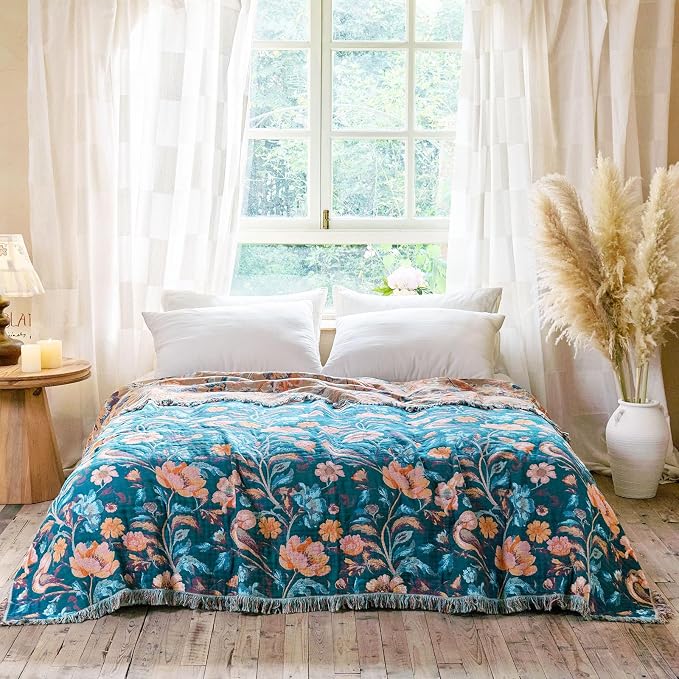 MSGKV Boho Throw Blanket for Couch 50"x60" Cotton Birds Floral Blanket Sofa - Image 5