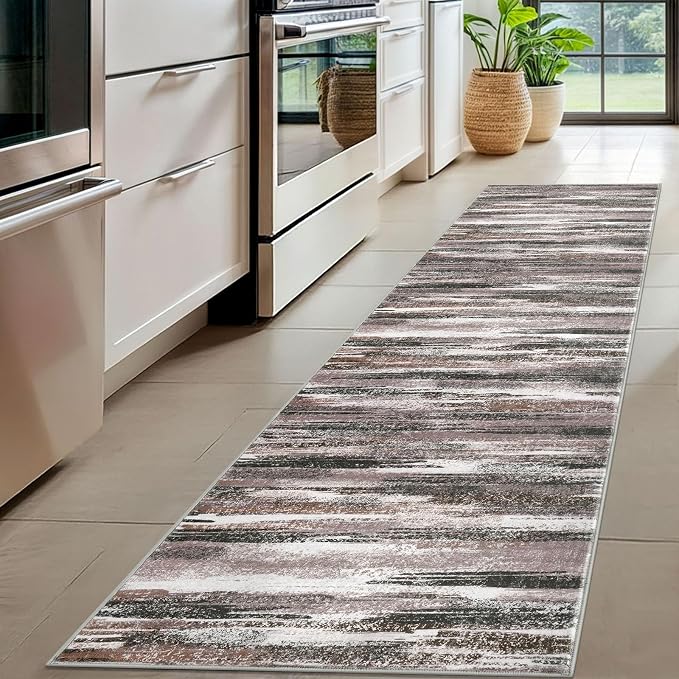 Lansny Modern Abstract Hallway Runner Rug, Dark Light Brown White Washable - Image 2