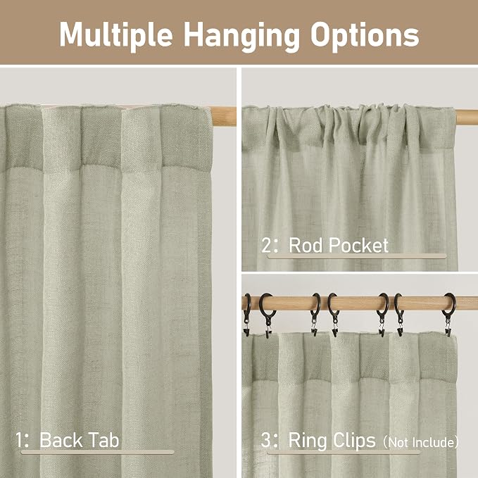 LAMIT Sage Grey Linen Boho Curtains 80 inch Length 2 Panels, Light Filtering - Image 3