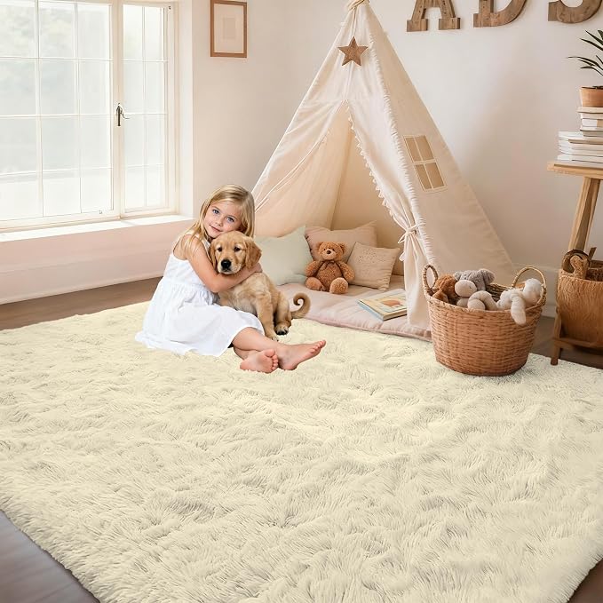 Circle Rug for Bedroom: 4FT Cream White Round Fluffy Shag Soft Washable Rugs - Image 3