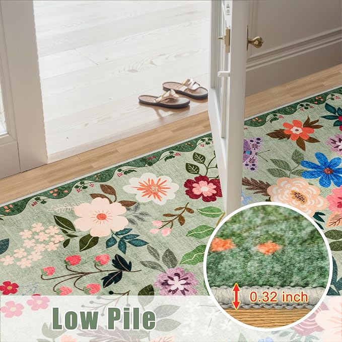 PLHXFR 2.6x8 Washable Runner Rug：Floral Indoor Kitchen Soft Carpet Green | - Image 9