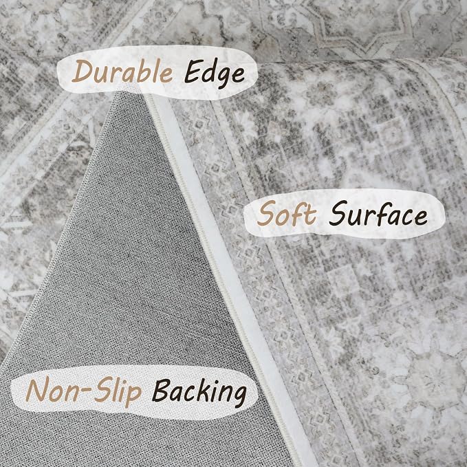 8x10 Rug - Cream & Grey Area Rug - Foldable Non Slip Vintage Rugs - Image 5