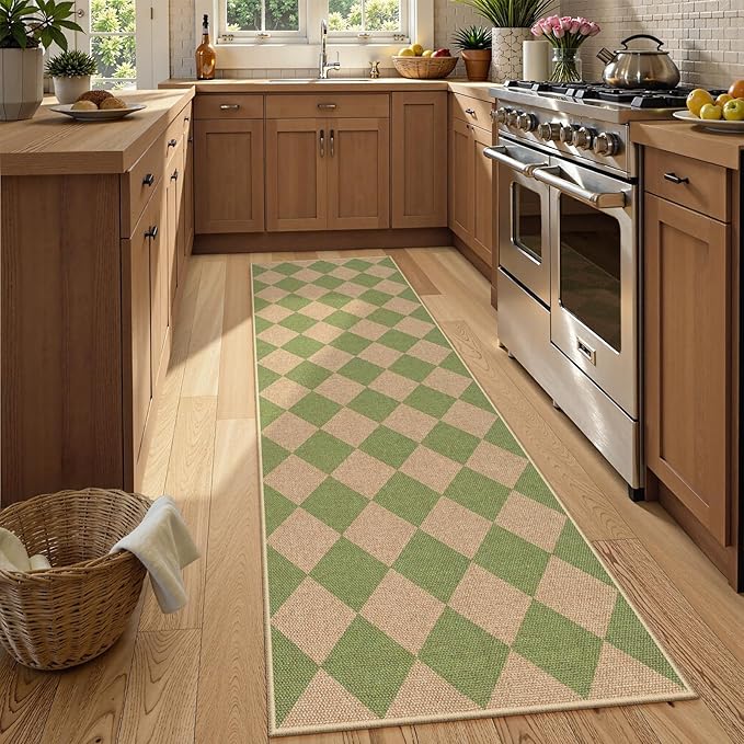 Lahome Colette Checkered Green Runner Rug, 2x8 Carpet Runners by Lahome