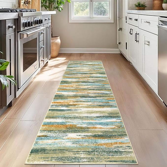Lansny Modern Abstract Bedroom Runner Rug 2x7, Non-Slip Soft Thin Faux Wool Mat - Image 2