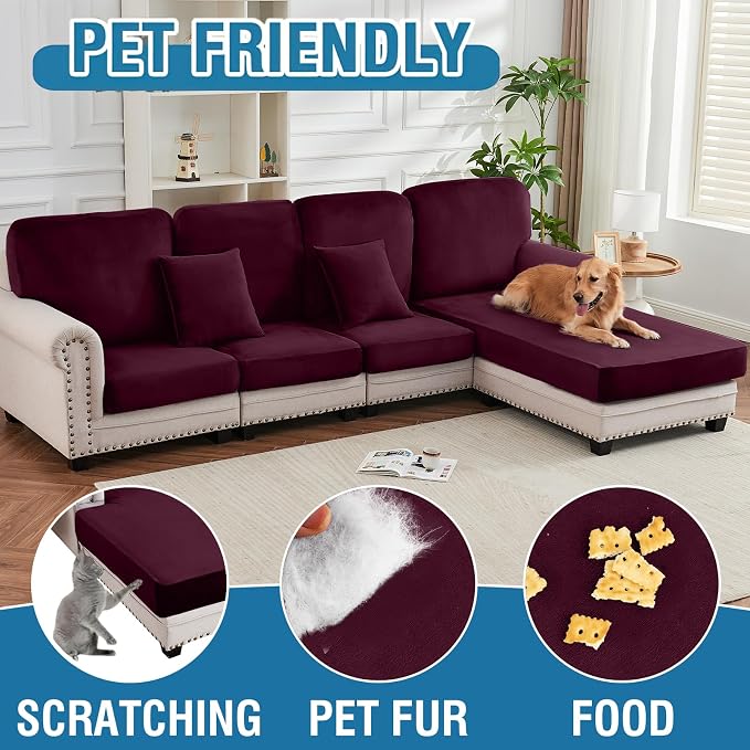 Couch Cover 3-Piece Elastic Velvet Couch Cushion Covers & Chaise Slipcovers - Image 4