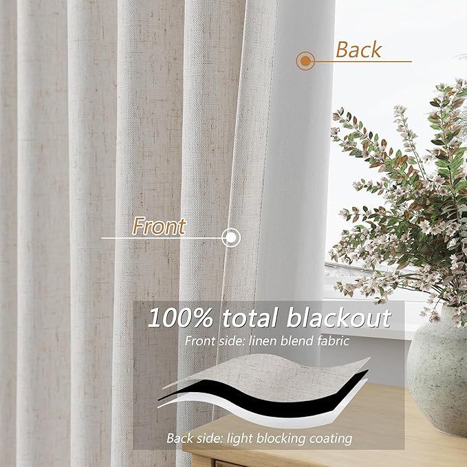 Guken Light Beige Extra Long 100% Blackout Curtains 120 Inch Length 2 Panels Set - Image 4