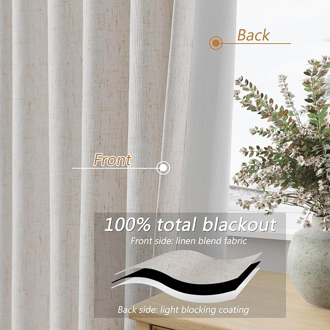 Guken Light Beige Linen 100% Blackout Curtains 96 Inches Long Floor to Ceiling - Image 4