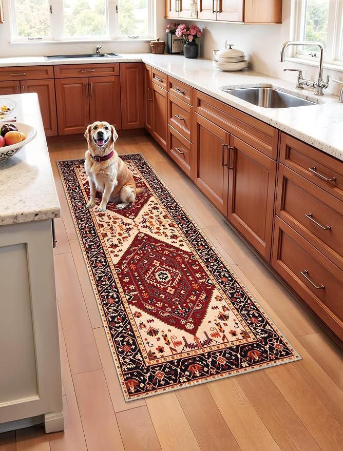 SERISSA Boho Washable Runner Rug, 2x5 Rug Runner Non-Slip Vintage Red Black by SERISSAHomeDecorCollection
