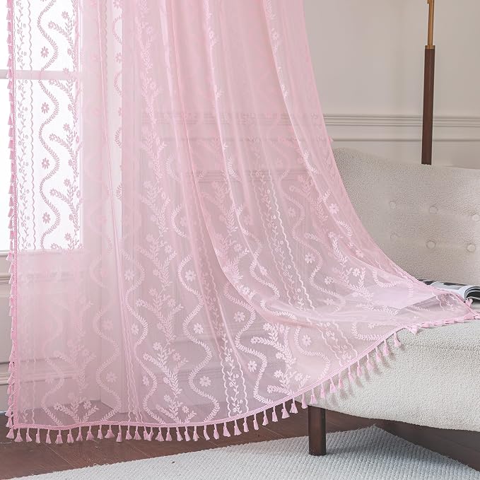 WAZZIO Boho Lace Curtains 84 Inch 2 Panels -Sheer Panel Drape Floral Pattern & by WAZZIO