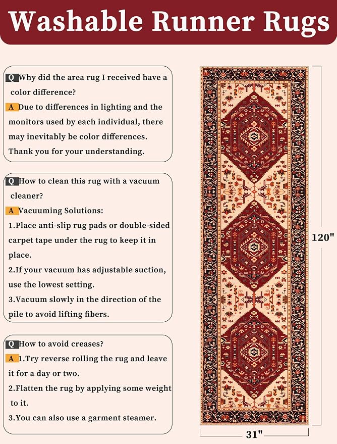 SERISSA Runner Rug for Hallways, Long Boho Rug Vintage Red Black Hallway Stair - Image 2
