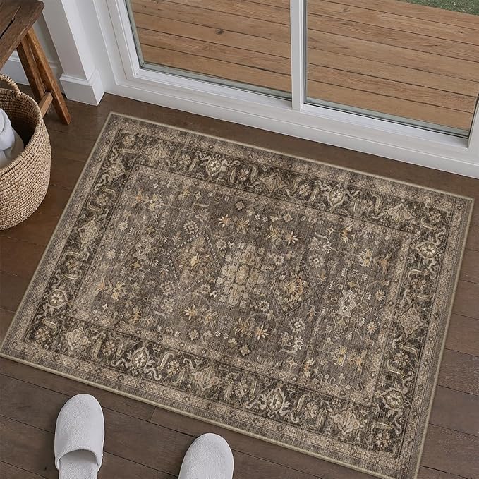 2x3 Washable Area Rug for Entryway Kitchen Vintage Brown Non Slip Low Pile Door by WondRg