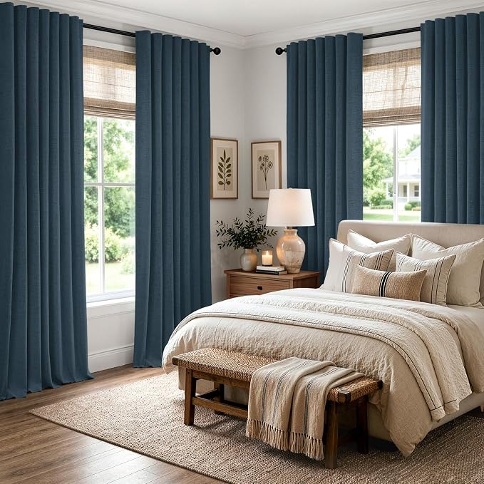 MIULEE 100% Blackout Linen Curtains 42 x 84 Inch Navy Blue 2 Panels | Thermal - Image 8
