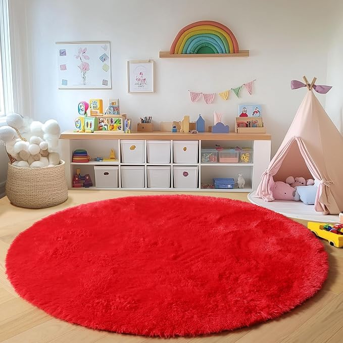ONASAR Red Round Area Rug 4ft, Soft Bedroom Circle Rugs Floor Mat - Image 5