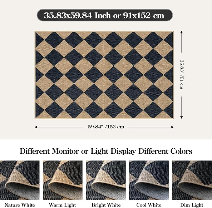 Lahome Colette Checkered Easy Jute 3x5 Outdoor Patio Rug, Washable Rugs - Image 2