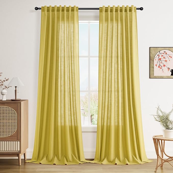 Celery Yellow Linen Curtains 102 Inches Long 2 Panel Set Back Tab Rod Pocket by Nanspring