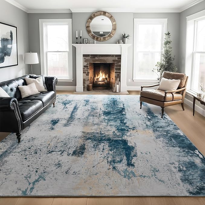 Living Room Rug 7x10 Aqua Blue Area Rugs Machine Washable Abstract Boho Large - Image 4
