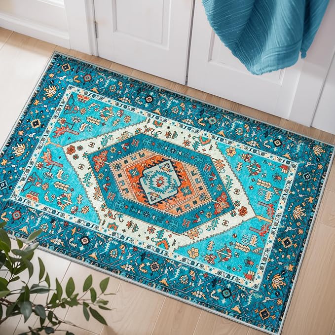 SERISSA Boho Rugs for Entryway, 2x3 Blue Entryway Rug Non-Slip Washable Small by SERISSAHomeDecorCollection