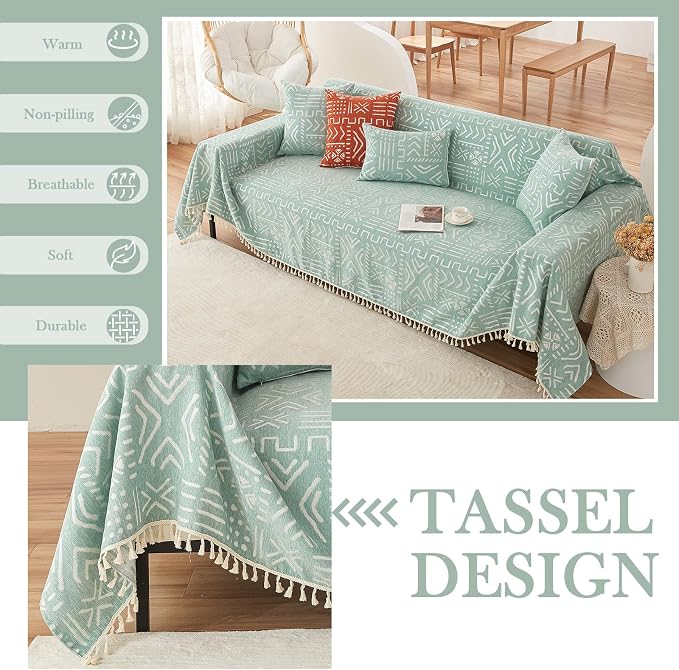 HANDONTIME Farmhouse Couch Cover Tassel Light Green Sofa Covers - Image 4