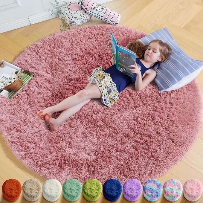 Amdrebio Blush Pink Small Round Furry Rug 3Ft by Amdrebio