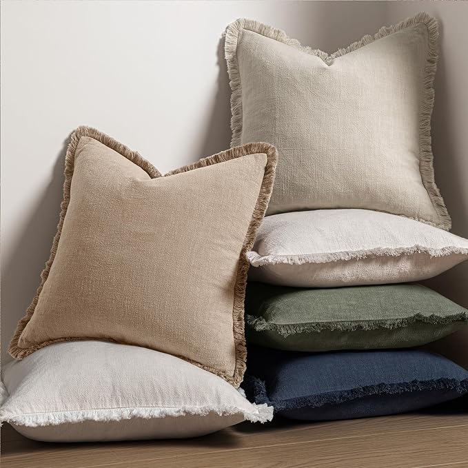MIULEE Boho Linen Fringe Decorative Throw Pillow Covers Camel 18x18 | Set of 2 - Image 5