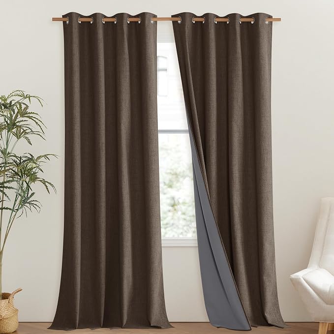 NICETOWN Coffee Vintage Linen 100% Blackout Curtains - Image 2