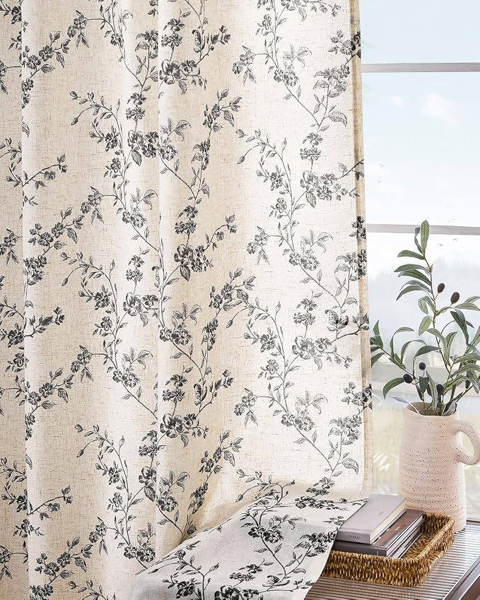 Lazzzy Black Floral Linen Curtains 90 Inch Farmhouse Back Tab Drapes - Image 8