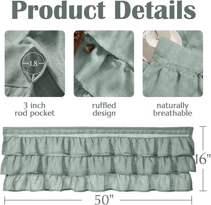 jinchan Ruffled Valance Curtain Slubbed Crossed Kitchen Valance Vintage - Image 4