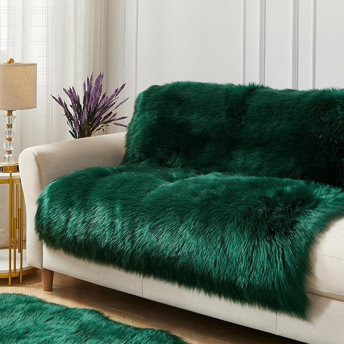AMTOVO Faux Fur Sheepskin Rug for Living Room, 4 x 6 ft Dark Green Fluffy Area - Image 4