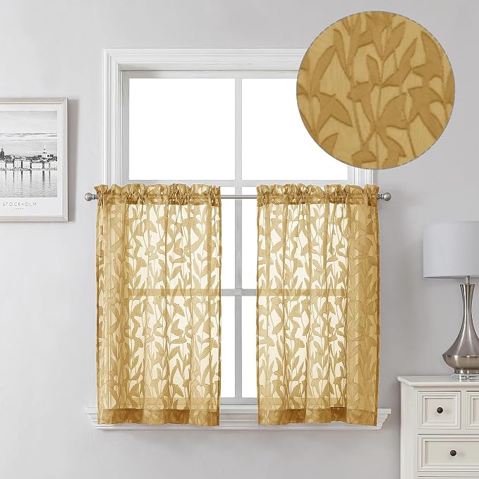 Lecloud Leia Dark Gold Sheer Kitchen Curtains 36 Inch Length, Breathable Clip by Lecloud