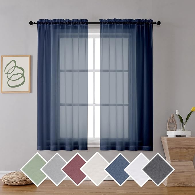 OVZME Navy Blue Sheer Curtains 2 Panels by OVZME
