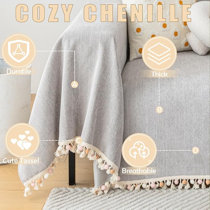 HANDONTIME Grey Sofa Cover for Couch Boho Couch Cover for 3 Seat Dog Couch - Image 2