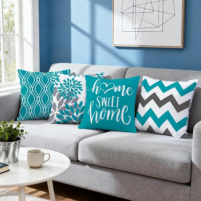 Hexagram Geometric Teal Pillow Covers 20x20 Set of 4, Decorative Outdoor Boho - Image 7