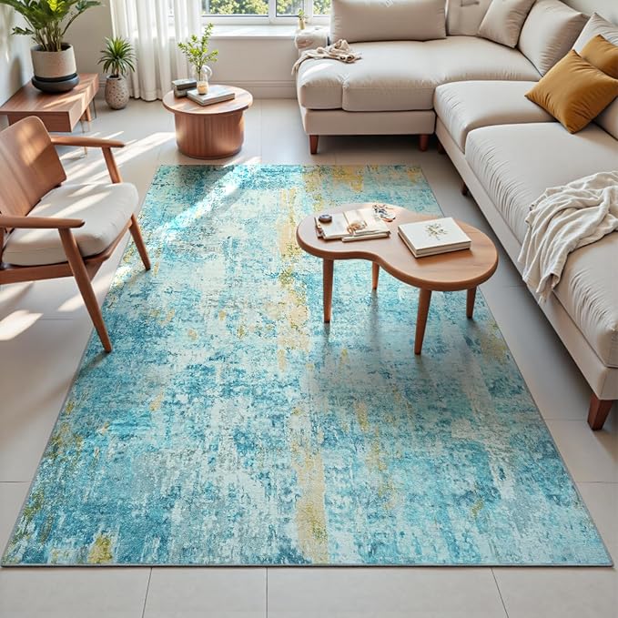 Ompaa Living Room Rug 5x7 Teal Blue Area Rug Machine Washable Boho Rug Non Slip by OmpaaHomeDecor
