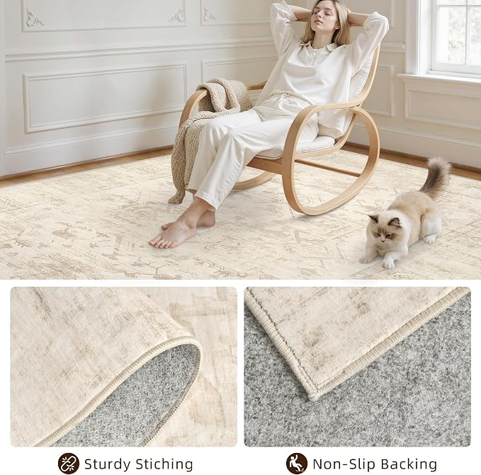 8x10 Area Rugs for Living Room: Vintage Boho Neutral Washable Rug Indoor Soft - Image 4