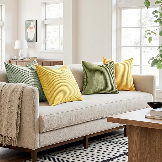 MIULEE Boho Farmhouse Yellow Green Throw Pillow Covers 18x18 Inch Set of 4 - Image 3