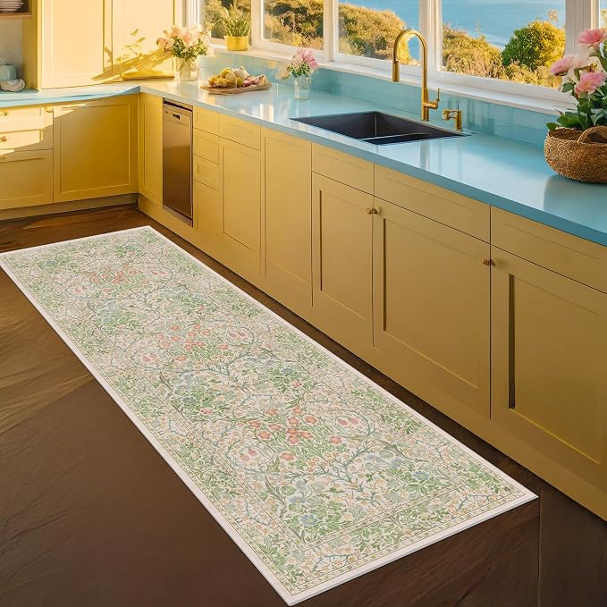 Hazo Haus Non Slip Beige Green Bathroom Runner Rug - Image 5