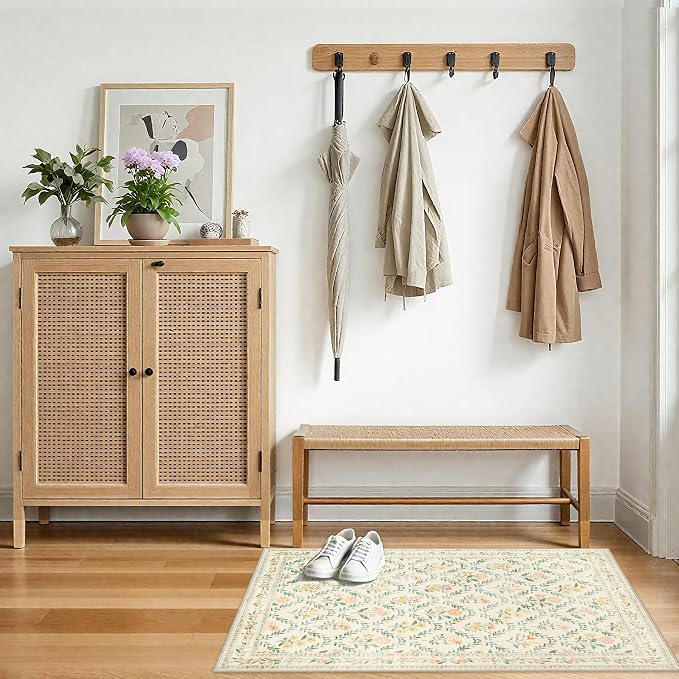 Entryway Rug 2X3 Small Rugs: Floral Washable Door Mat Vintage Soft Low Pile - Image 5