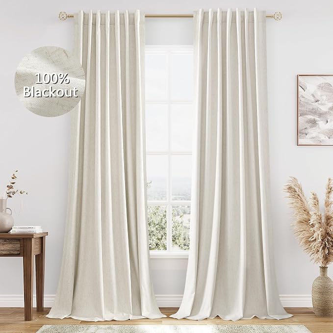 Guken Cream 100% Blackout Linen Curtains 90 Inch Length 2 Panels Set by Guken
