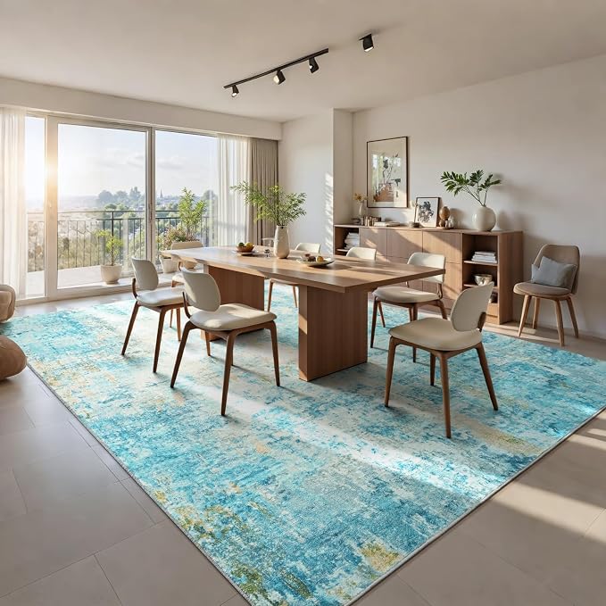 Ompaa Living Room Rug 8x10 Teal Blue Area Rugs Machine Washable Abstract Boho - Image 2