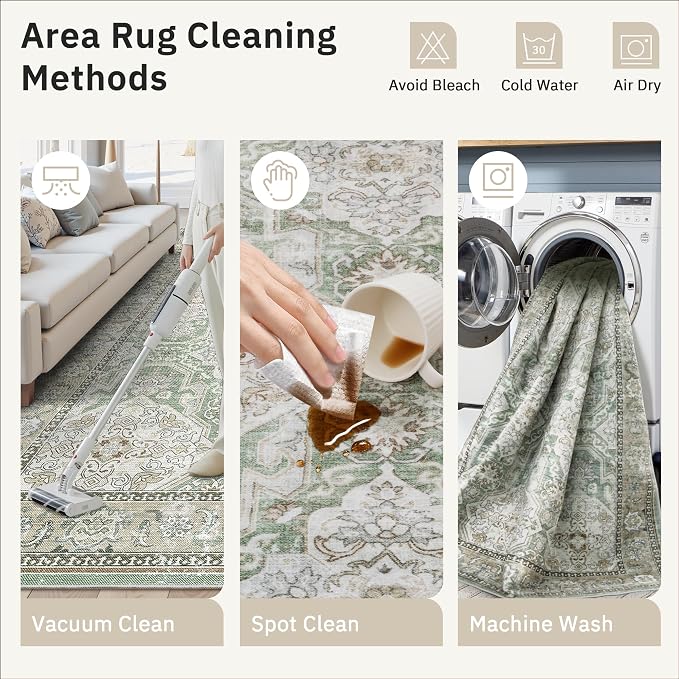 Soalmost 5x7 Area Rugs Green/Brown Low Pile Indoor Washable Trendy Faded Style - Image 9