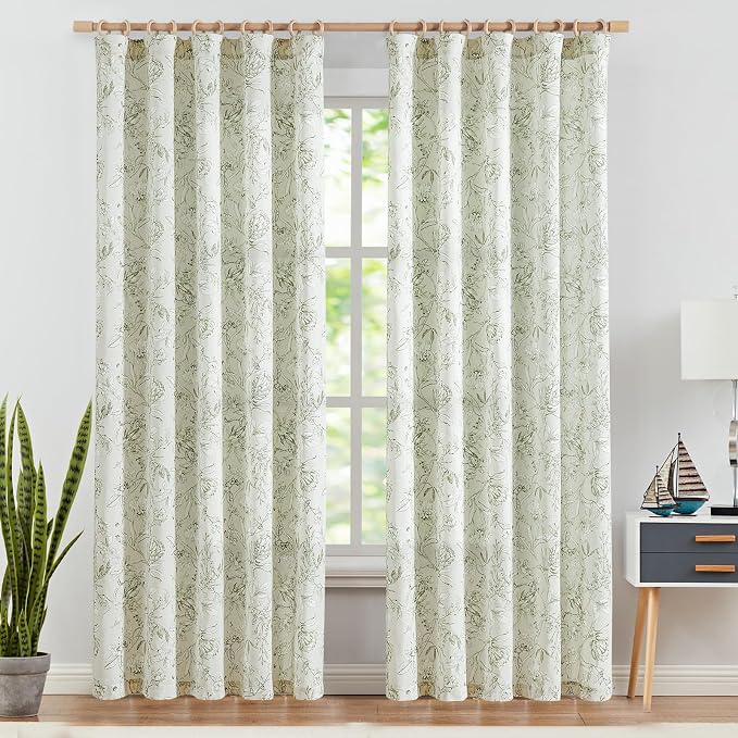 jinchan Floral Curtains 90 Inch Length Sage Green Flower Linen Farmhouse Curtain - Image 2