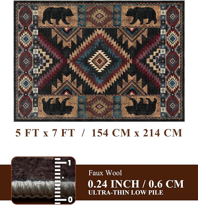 YIHOUSE Rustic Cabin Area Rug for Bedroom 5x7, Machine Washable Lodge Bear Rug - Image 2