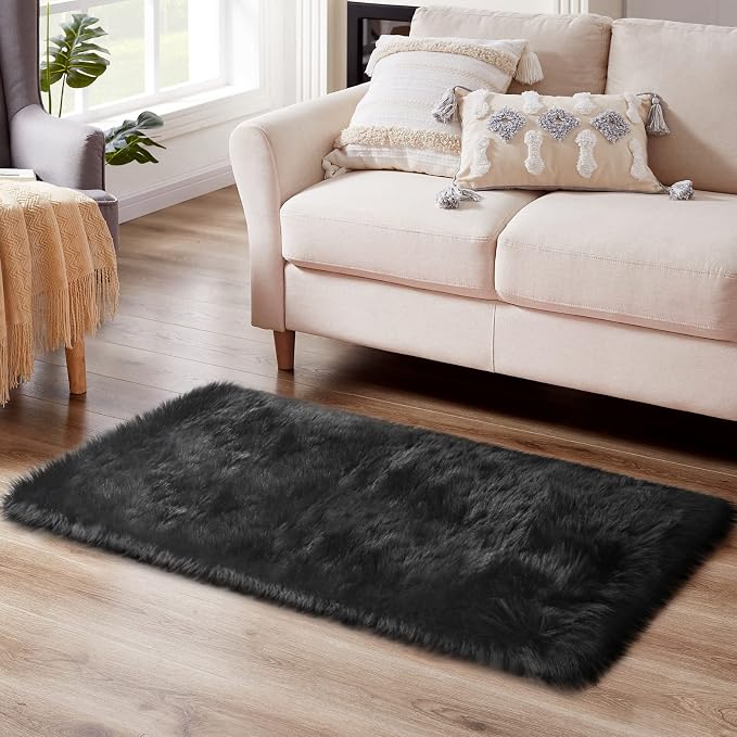 Ciicool Black Fur Fluffy Rug, 2x4 ft Small Faux Fur Rug - Image 2