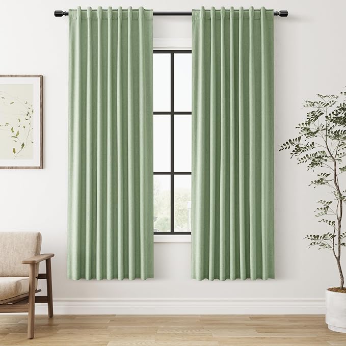 Guken Light Sage 100% Blackout Linen Curtains 72 Inch Length 2 Panels Set by Guken