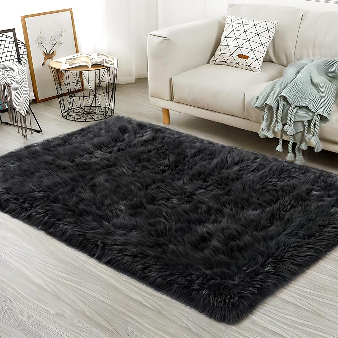 Ciicool Faux Fur Rug Black Fluffy Area Rugs by CIICOOLHomeDeco