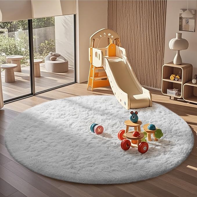 Ophanie White Round Rug 6Ft Circle Area Rug, Aesthetic Room Decor, Fluffy Fuzzy - Image 5