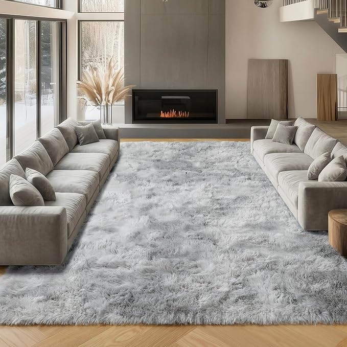 ONASAR 8x10 Area Rugs for Living Room, Tie-Dyed Light Grey Large Fluffy Shag by ONASAR