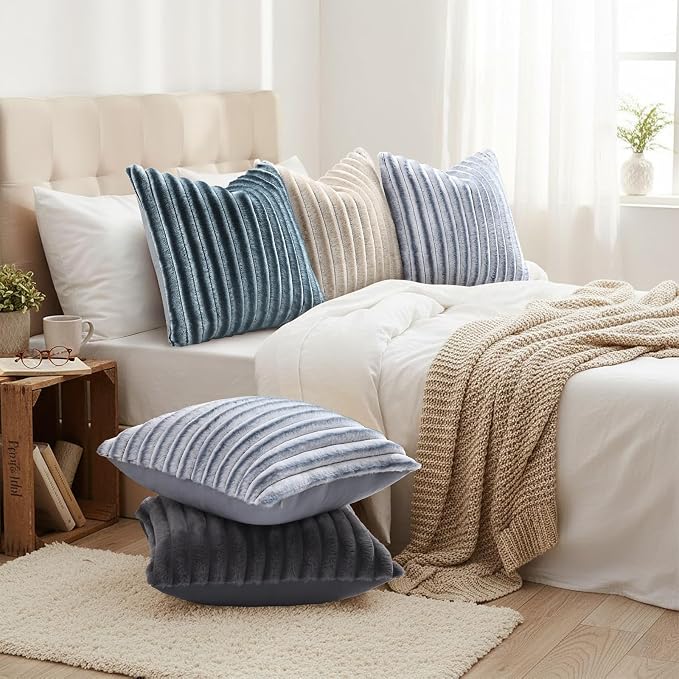 decorUhome Fall Faux Fur Throw Pillow Covers 20x20 Set of 2 Blue Grey | - Image 6