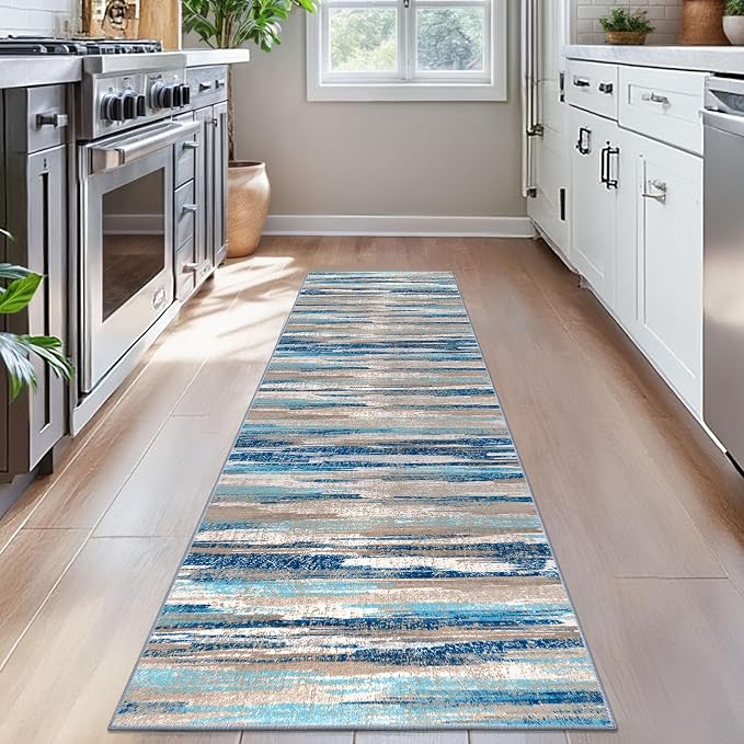 Lansny Modern Abstract Bedroom Runner Rug 2x7, Non-Slip Soft Thin Faux Wool Mat - Image 2